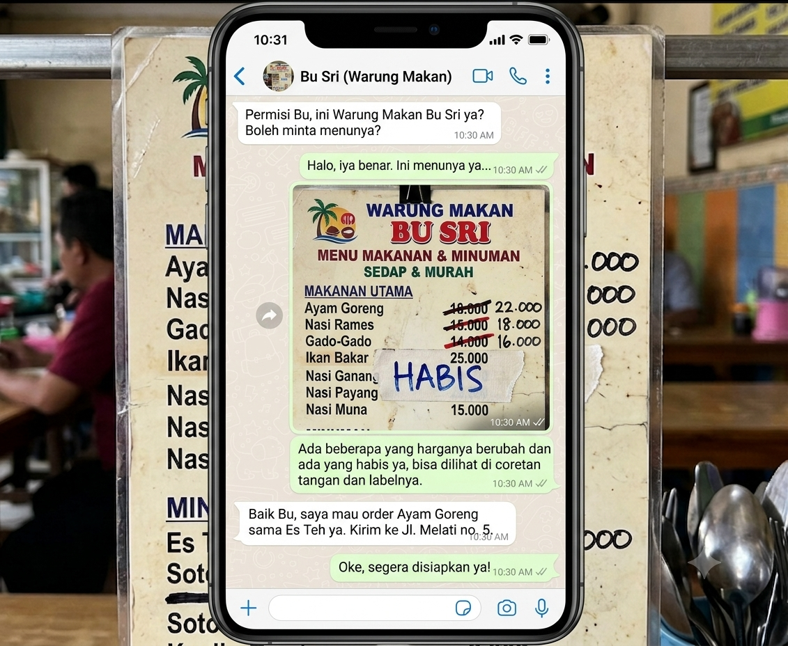 Pelanggan minta menu lewat WhatsApp, foto menu penuh coretan harga dan label HABIS